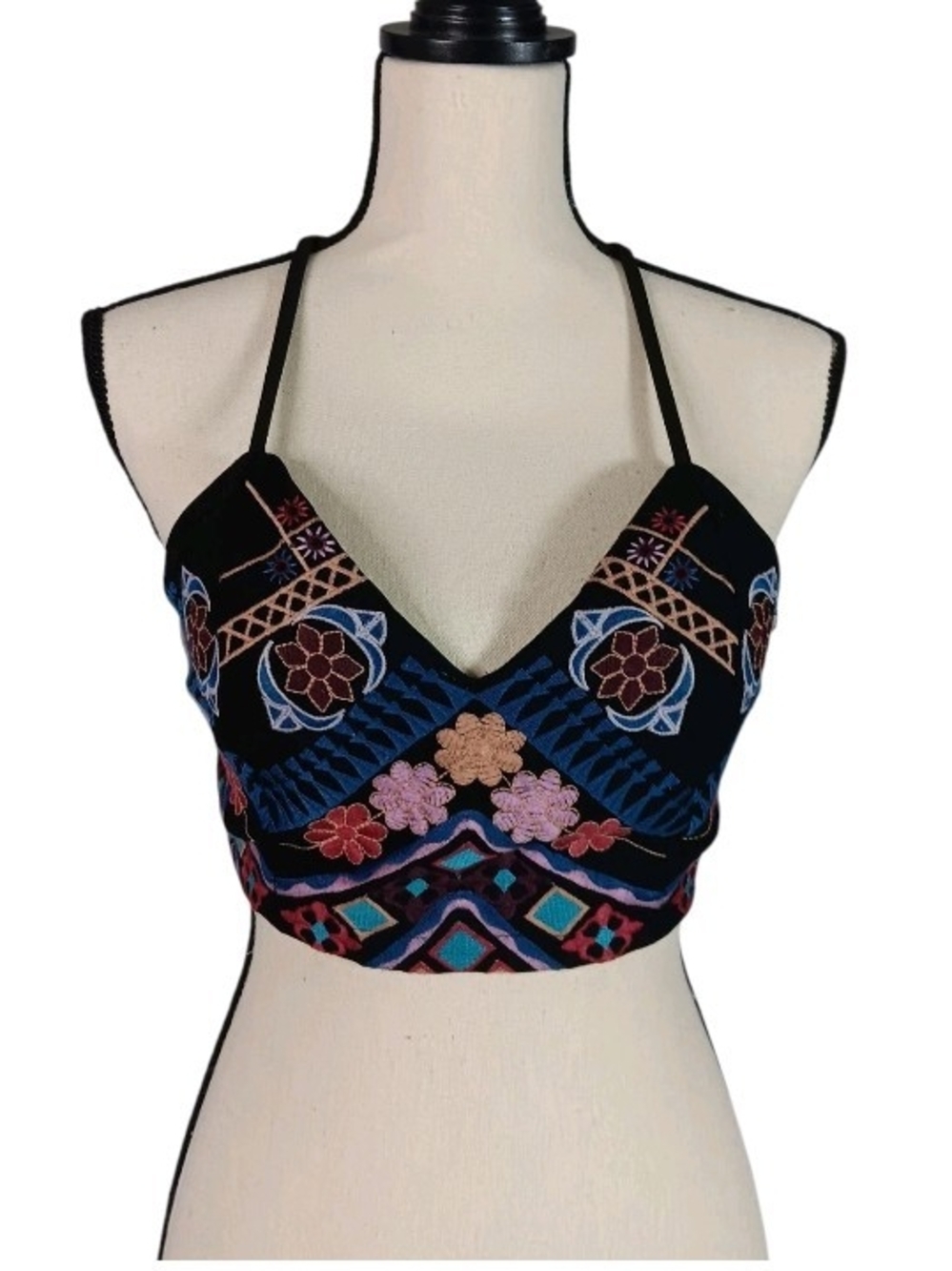 Luxxel Festival Embroidered Floral Tie Up Bralette Black w/ Multicolor Accents